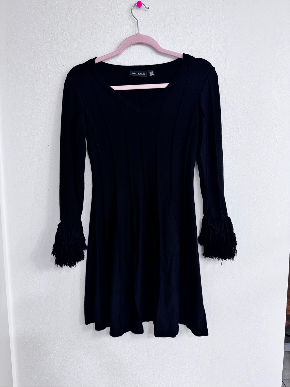 Nina Leonard Black Ribbed Knit Fit & Flare Dress with Fringe Cuffs - Size S